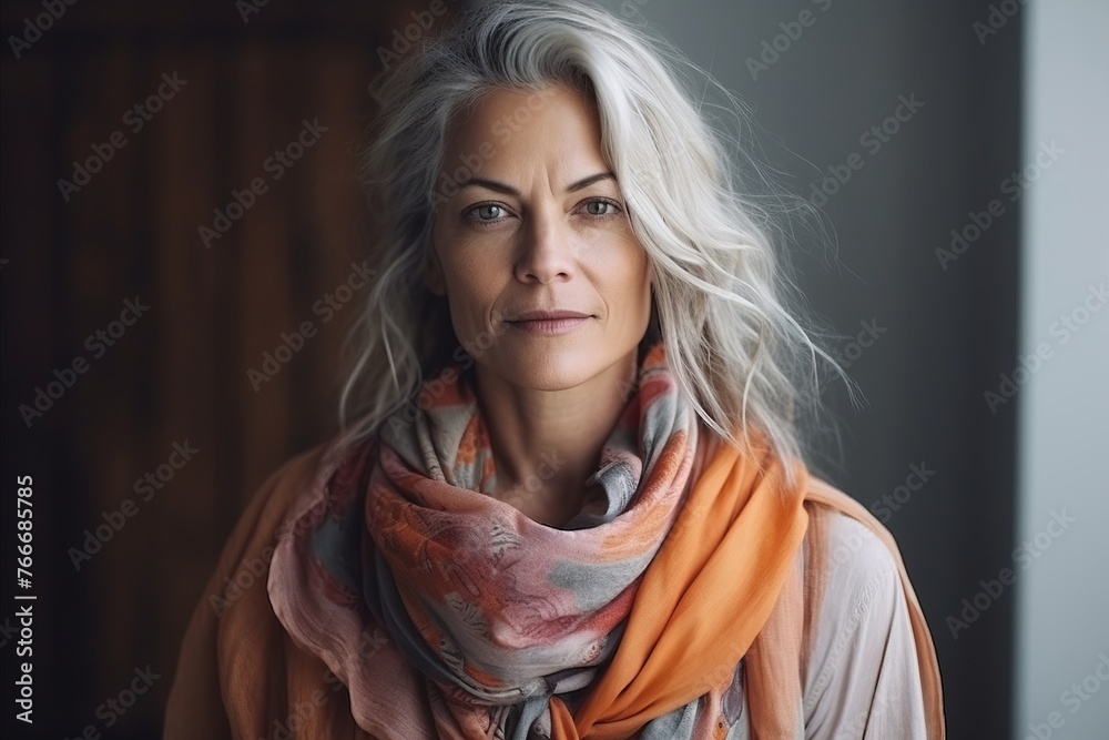 Portrait of mature woman with scarf looking at camera in living room Portrait of mature woman with scarf looking at camera in living room