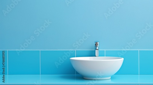 A bowl sitting on a blue tiled counter top with the sink in front of it  AI