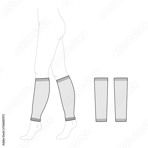 Leg Warmer Loose long Socks footless hosiery knee high length. Fashion accessory clothing technical illustration stocking. Vector front, side view for Men, women style, flat template CAD mockup sketch