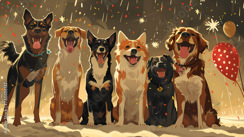 many dogs pets celebrating new year illustration, Generative AI 