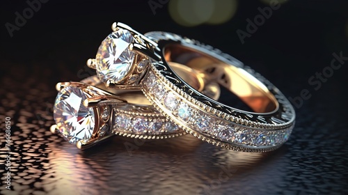 Wedding rings with diamonds on a dark background
