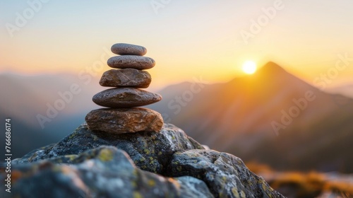 A stack of rocks on top of a mountain with the sun setting in the background, AI