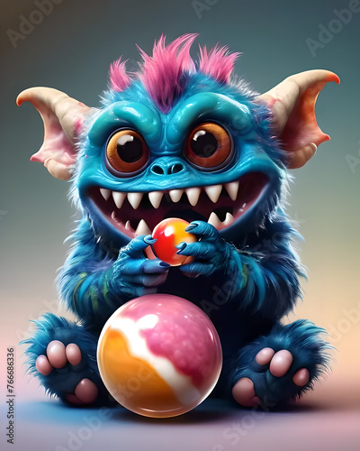 Angry little monster eating gum  for ilustrations design  for 3d design  for characters design.