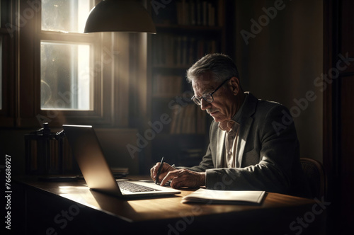 Elderly man working on his laptop at home in the evening photo
