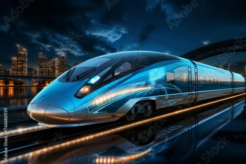 Futuristic high-speed train on illuminated tracks at city railway station in urban setting