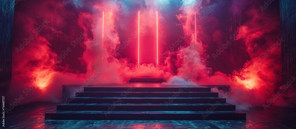 The dark stage shows, dark red background