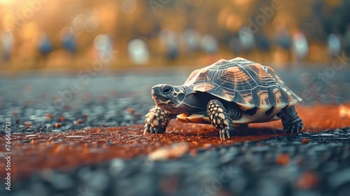 turtle walking down a red track in a concept of racing photo