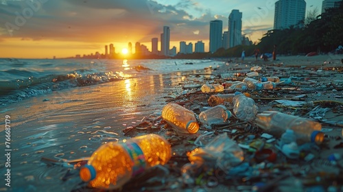 Spilled garbage on the beach of a big city on a sunset day