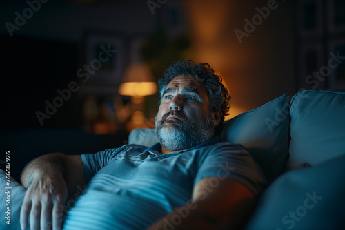 Man Relaxing on Couch Watching Television at Night