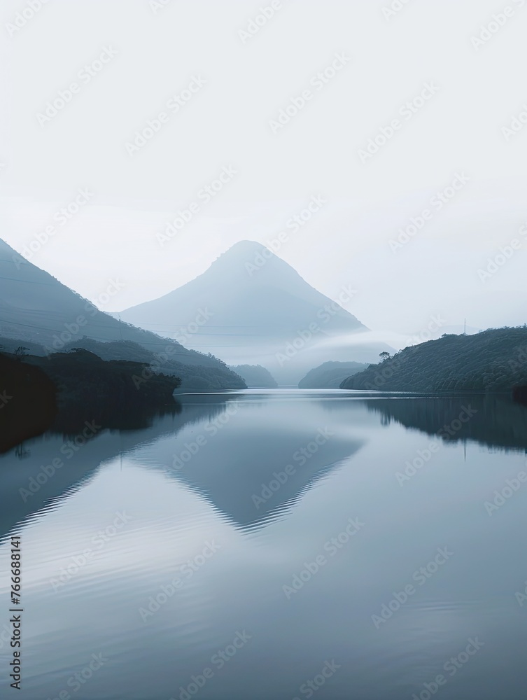 Minimalist misty landscape in a tropical forest lake illustration made with Generative AI Minimalist misty landscape in a tropical forest lake illustration made with Generative AI