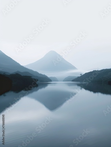 Minimalist misty landscape in a tropical forest lake illustration made with Generative AI 