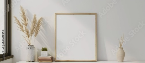 A photo frame on a white wall in a modern Scandinavian styled living room with an empty copy space for artwork. Depicts home staging and minimalistic design.