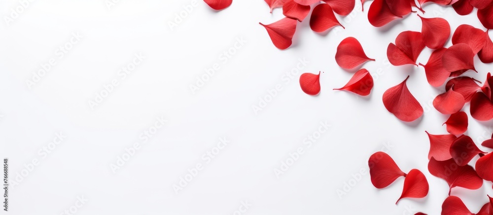 Red rose petals cascade onto a blank canvas, creating a delicate and beautiful pattern. Like petals falling from a flower, they gently cover the white surface