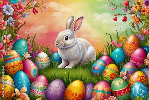 A vibrant and colorful illustration of a joyful Easter celebration, with intricate details of decorated eggs, bunnies, mouse, and flowers adorning the background.