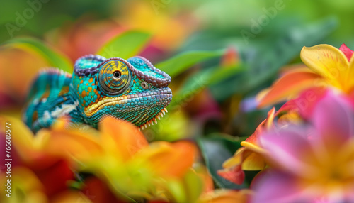 A chameleon blends into a burst of colorful flowers