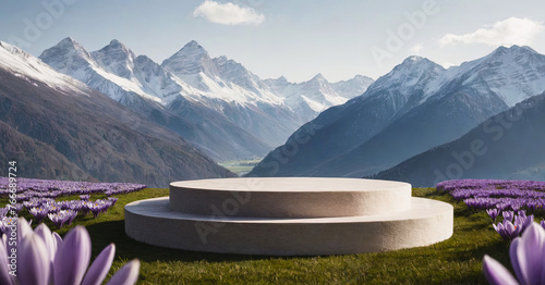 Empty product podium against a backdrop of Alpine mountains and a purple field of crocuses Generative AI © Jelena Rose