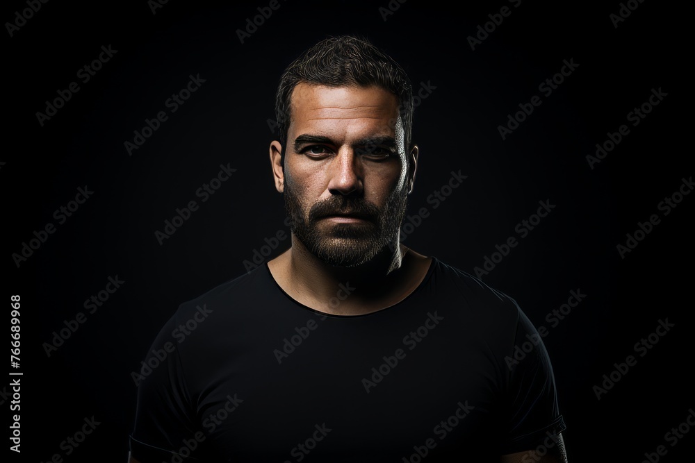 Portrait of a bearded man in a black t-shirt on a black background