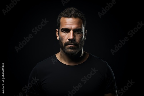 Portrait of a bearded man in a black t-shirt on a black background