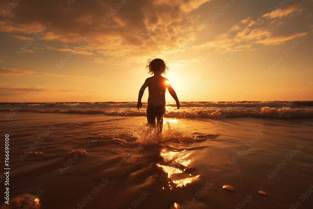 Boy running into the ocean on the beach for fun play