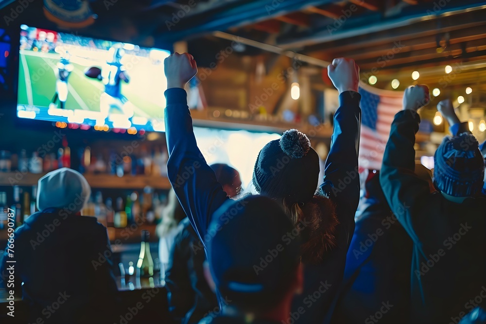 Φωτογραφία American football fans cheer for their team in a sports pub while watching a live match broadcast