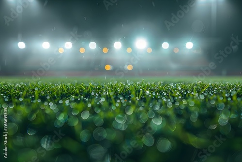A sports stadium with bright lights a grandstand and green grass with a blurred effect Game cancellation due to bad weather. Concept Sports Photography, Stadium Atmosphere, Weather Impact photo