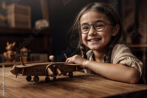Cute little girl in glasses playing with wooden toy plane at home