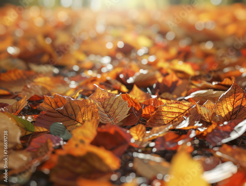 Colorful autumn leaves on the ground and beautiful Bokeh