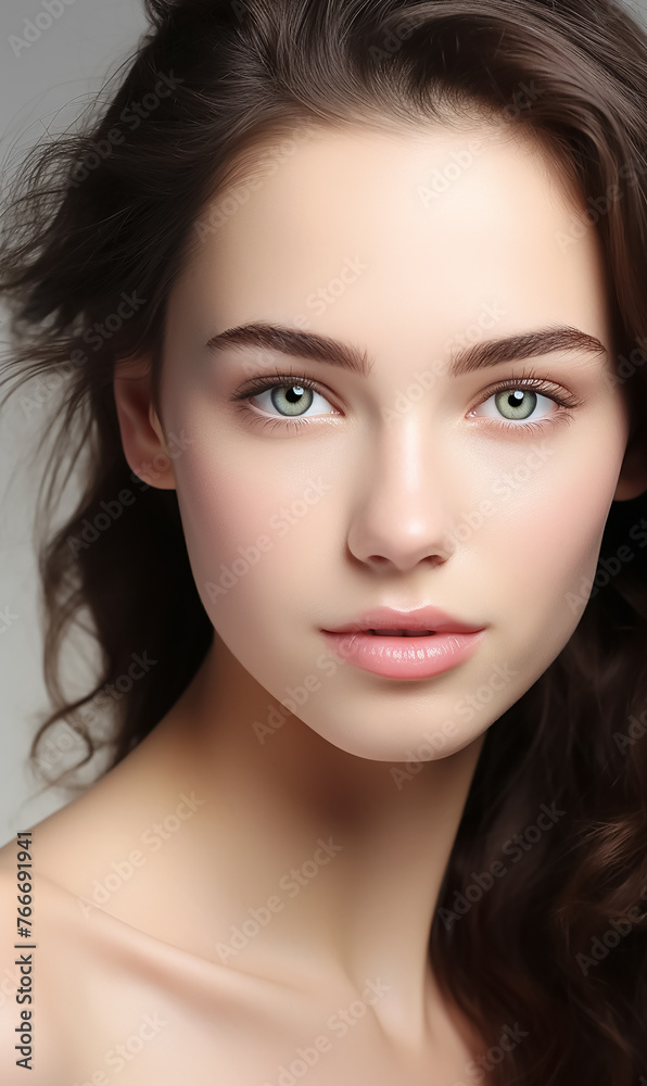 Fototapeta premium Beautiful young woman with clean skin on a white background. Skin care.