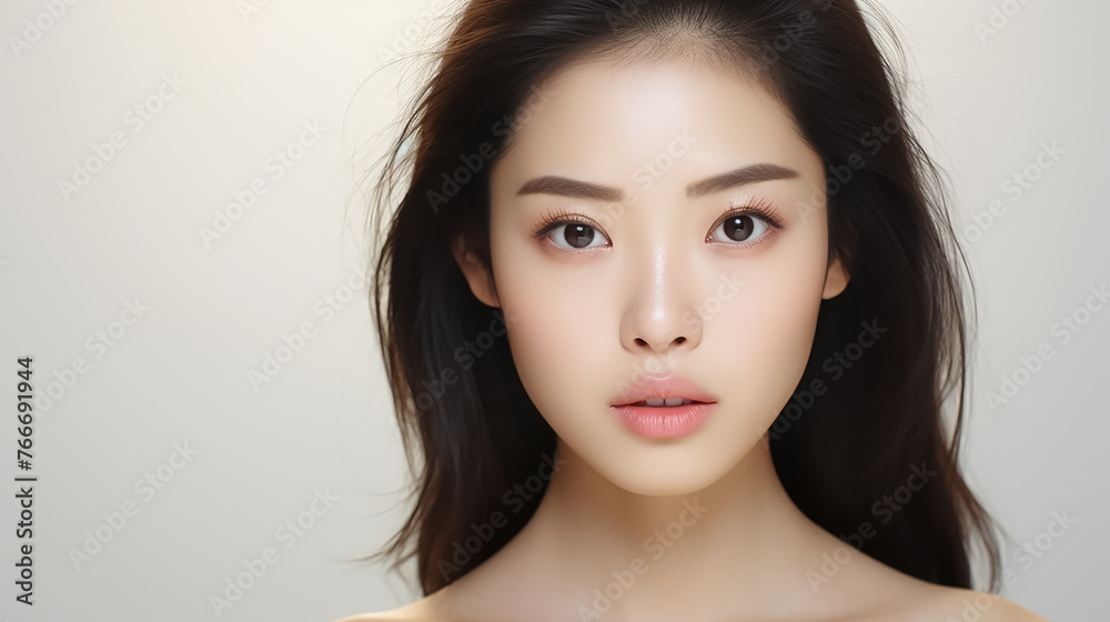 Beautiful young Asian woman with clear skin on white background. Skin care. Beautiful young Asian woman with clear skin on white background. Skin care.
