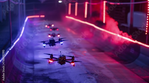 Futuristic Drone Races Detailed shots of futuristic drone races and aerial competitions illuminated by neon lights showcasing h  AI generated illustration photo