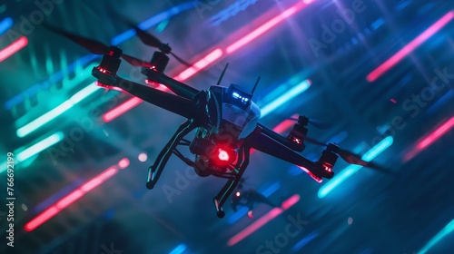 Futuristic Drone Races Detailed shots of futuristic drone races and aerial competitions illuminated by neon lights showcasing h AI generated illustration