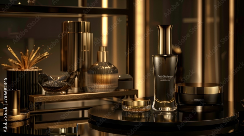 Iconic Beauty Cinematic shots of an iconic product on a podium with dramatic lighting and framing to capture its timeless beaut  AI generated illustration
