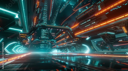 Futuristic Spaceports Detailed shots of futuristic spaceports and intergalactic terminals illuminated by neon lights showcasing  AI generated illustration