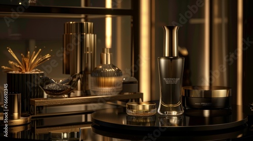 Iconic Beauty Cinematic shots of an iconic product on a podium with dramatic lighting and framing to capture its timeless beaut  AI generated illustration