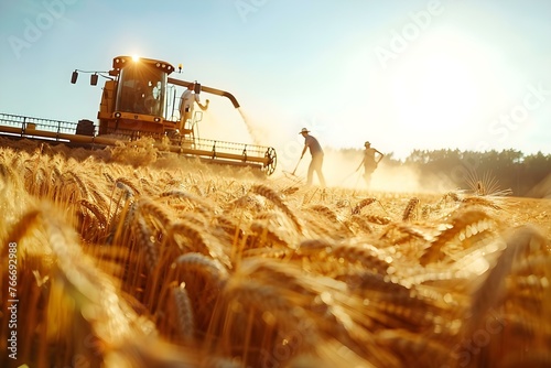 Team of workers harvesting crops in a sunny field. Concept Agricultural Work, Harvesting, Farming Team, Sunny Field, Crop Harvesting