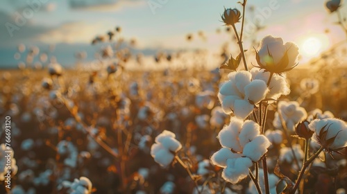 Cotton field during harvest season Cotton field with white flowers ,Environment in cotton farm Non-toxic farm , raw materials for the textile industry