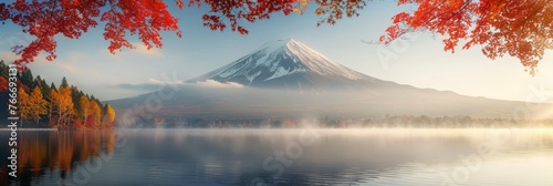 Autumn landscape, Mount Fuji, morning mist and red leaves by the lake.