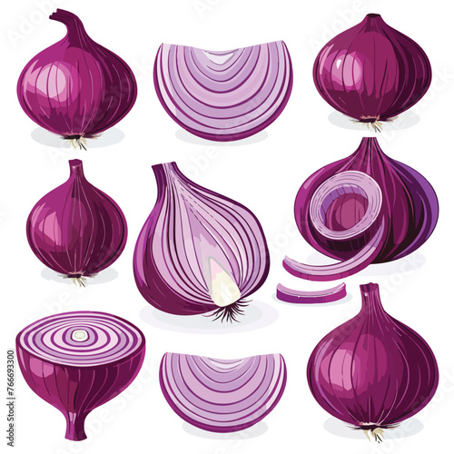 Whole Bulb Red Onion Set. Half Slice and Rings Purp