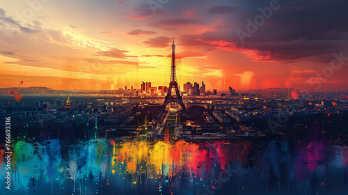 A captivating painting capturing the iconic Eiffel Tower towering over Paris, with intricate details and a dreamy ambiance, Paris Olympics