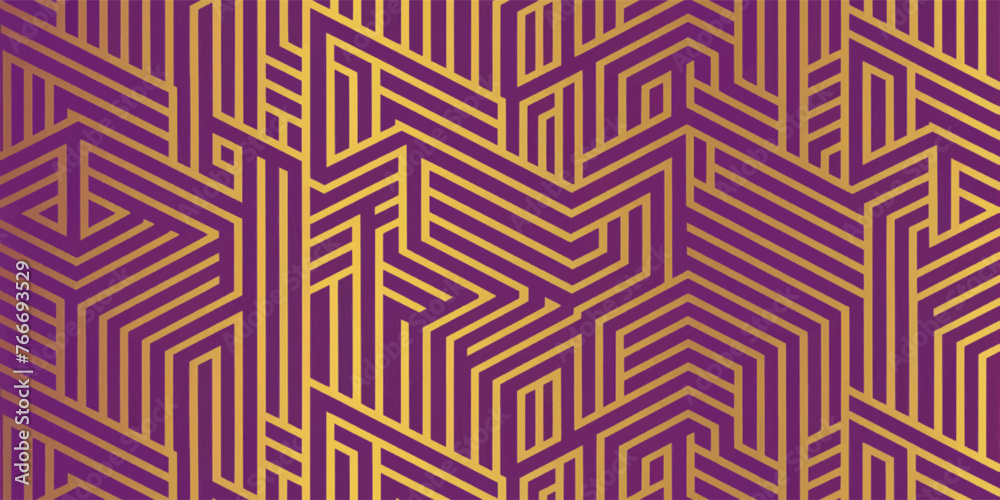 Abstract geometric pattern in gold on a purple background. for decoration, textile fabric prints and wallpaper. Symmetrical model for fashion and home design.