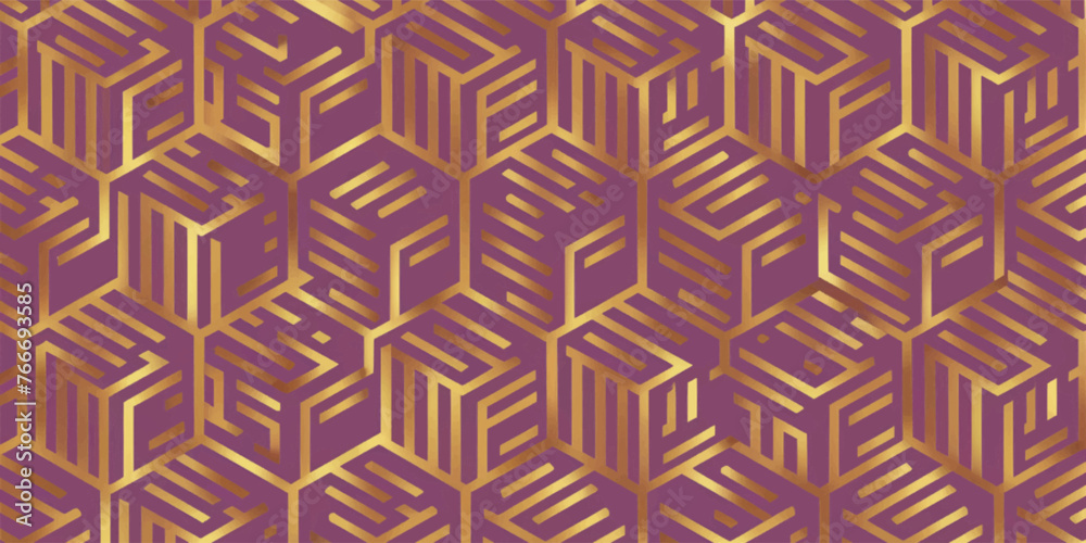 Pentagon geometric pattern in gold on a purple background. for decoration, textile fabric prints and wallpaper. Symmetrical model for fashion and home design.