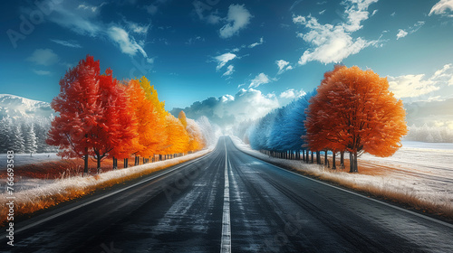 A serene and picturesque scene of a long road flanked by tall trees with their branches forming a canopy over the path, creating a tunnel of greenery, Winter and Autumn change photo