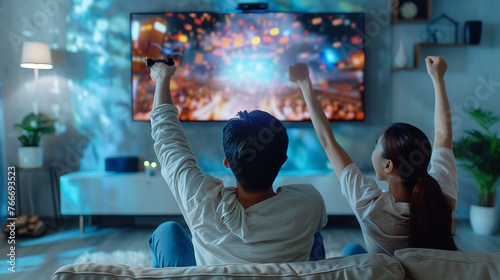 A man and woman sit closely on a couch, engrossed in the flickering light of the TV before them, lost in the vivid world playing out on screen, couple gaming on tv