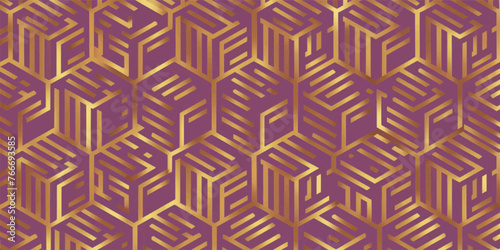 Pentagon geometric pattern in gold on a purple background. for decoration, textile fabric prints and wallpaper. Symmetrical model for fashion and home design.