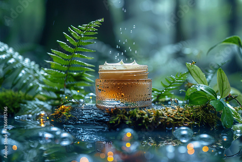 Glass cosmetic jar with skin face care moisturizer cream with rain and water surface splashes on forest green plants background, eco beauty treatment. Natural cosmetic concept