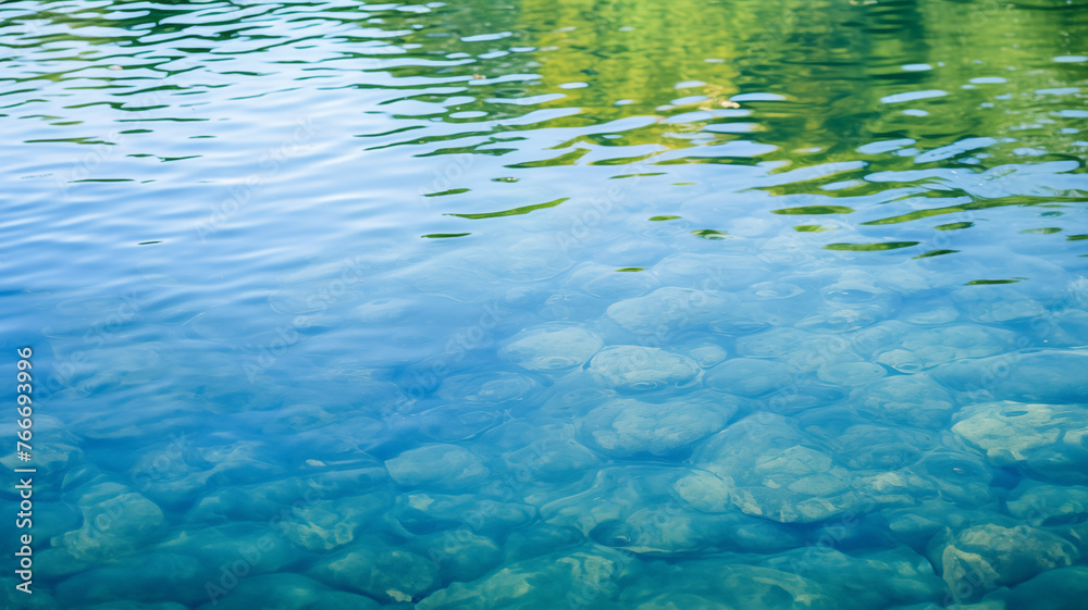 The shallow water of a lake with faint ripples on the surface and smooth rocks; a reflection of trees is shown. The shallow water of a lake with faint ripples on the surface and smooth rocks; a reflection of trees is shown.