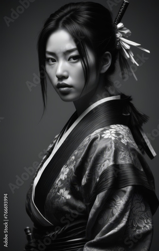 Samurai girl in black and white style