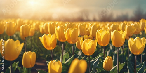 May floral bloom. Nature color. Tulip garden landscape. Spring season background. Sunny flower field. Fresh plant bulb grow. Light day park Bright sun blue sky. Green grass beauty. April leaf close up