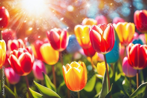 May floral bloom. Spring season background. Tulip garden landscape. Sunny flower field. Nature color. Light day park Green grass beauty. Bright sun blue sky. April leaf close up Fresh plant bulb grow.