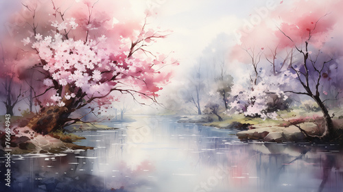 Serenity in watercolor of charming garden pond framed by cherry blossom trees in their full splendor, an enchanting floral vista.